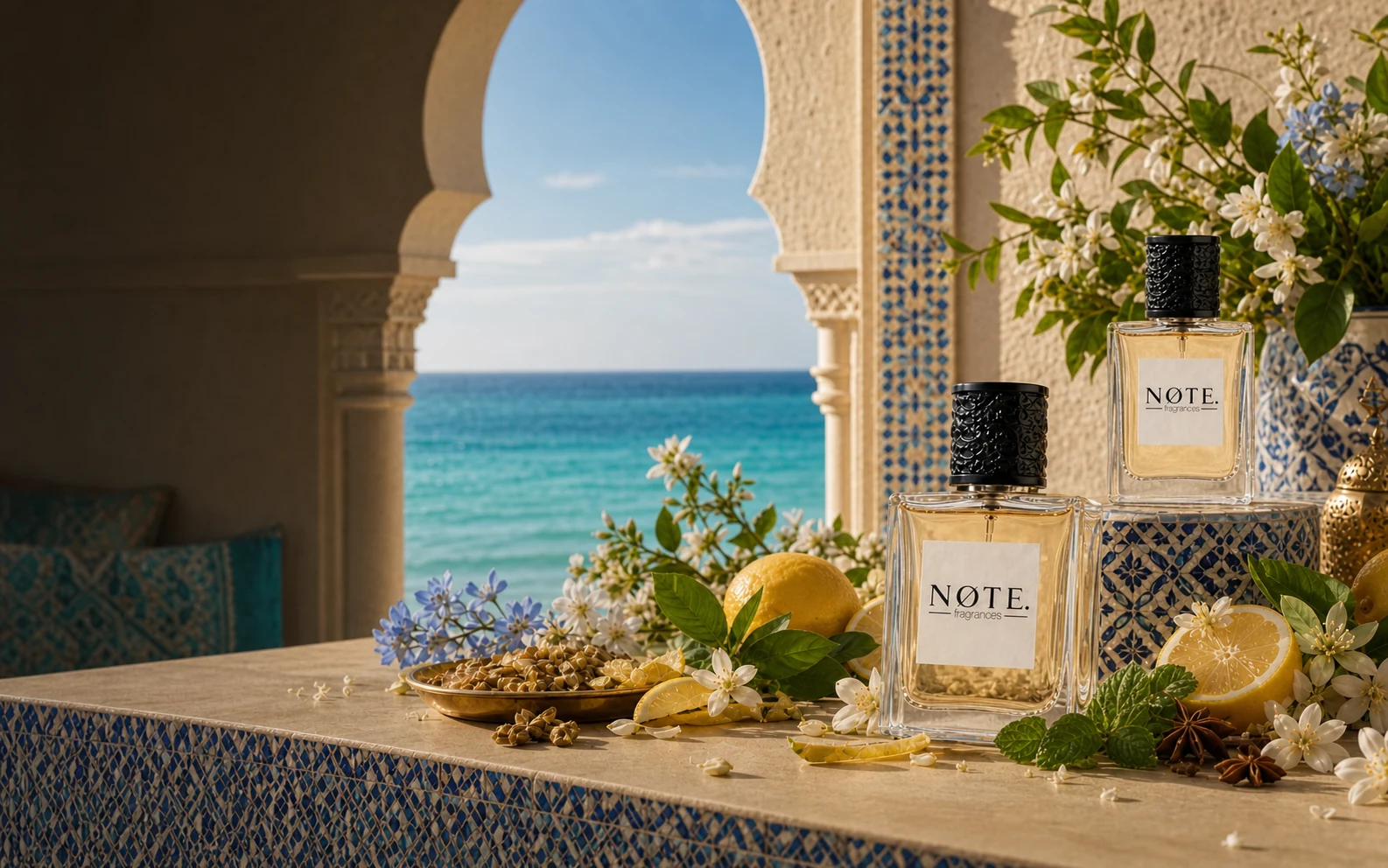 Zwei NØTE. Parfumflakons mit orientalischen Blüten und Zitronen vor türkisfarbenem Meer