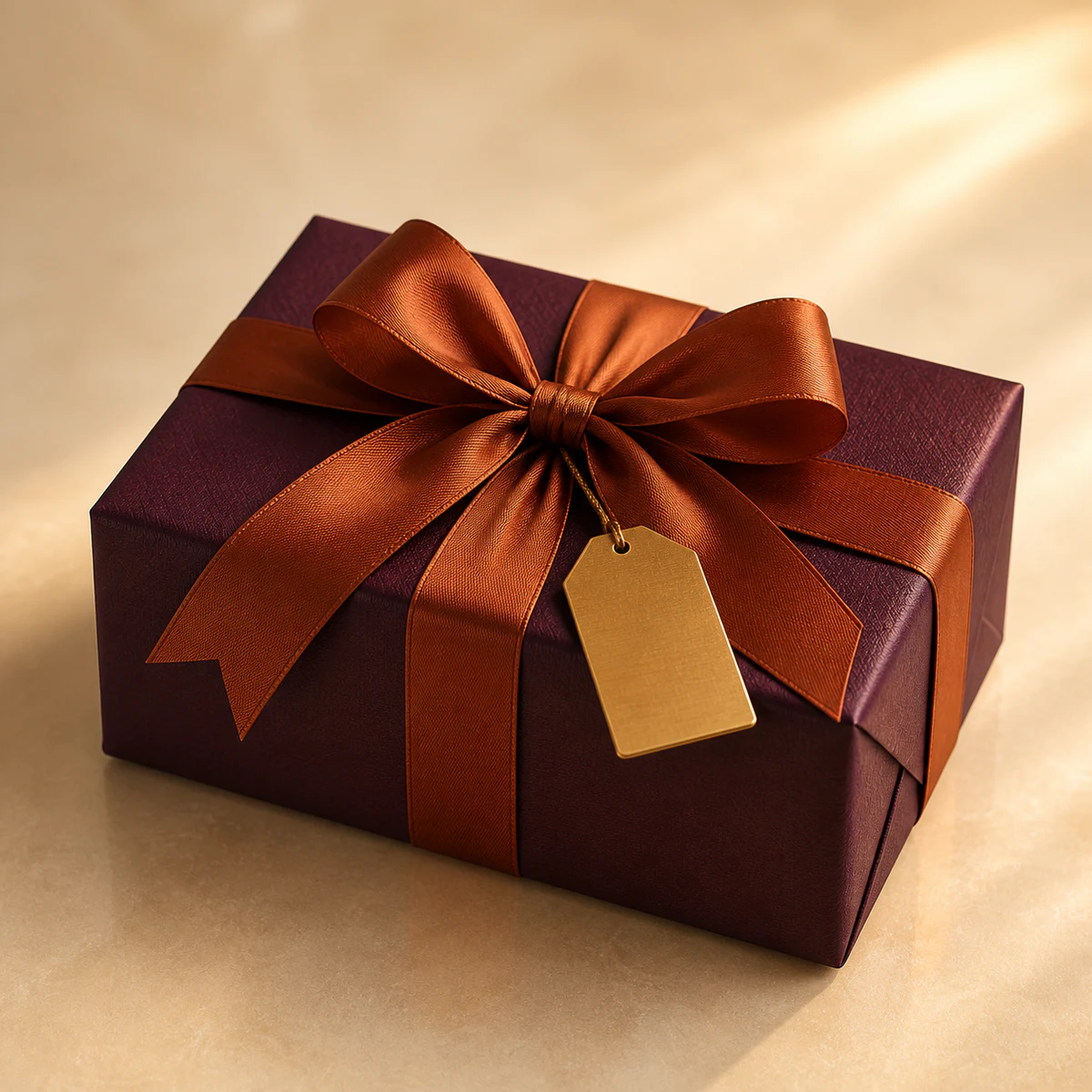 Auberginefarben verpacktes Gratis-Geschenk mit terrakottafarbener Schleife